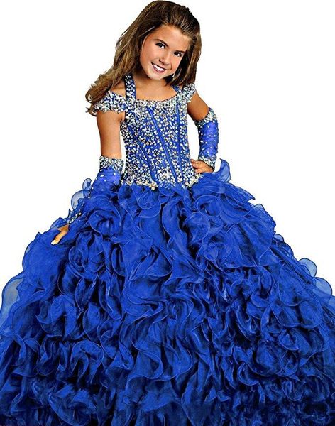 

2020 Gorgeous Purple Ball Gown Pageant Gowns For Girls Beaded Halter Neck Lace-up Back Organza Ruffles Floor-length Flower Girls Dresses