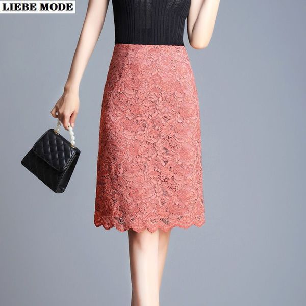 

elegant floral lace straight skirt women office formal knee length slim long a-line skirts high waist bodycon faldas mujer, Black