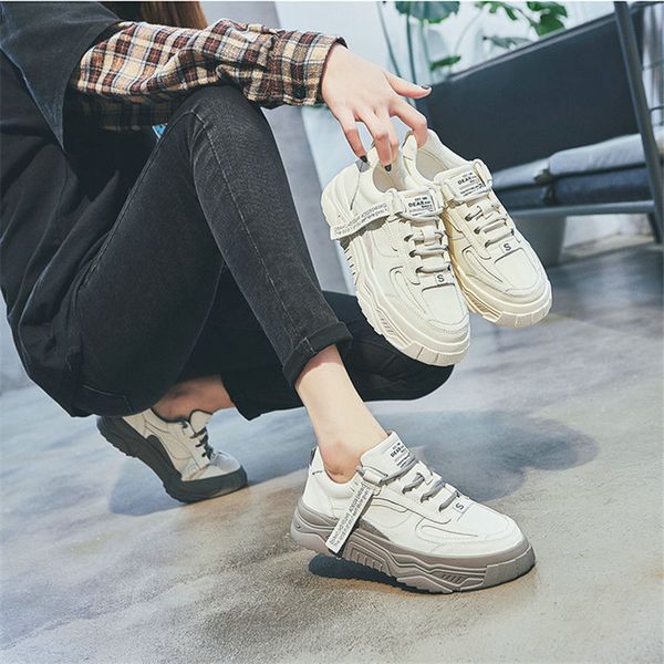 

dress shoes damet women casual sneakers chunky dad fashion spring pu lace up platform breathable anti-slip female, Black