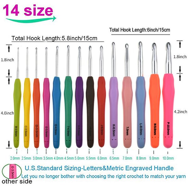 

14 mixed extra size crochet hooks set 2.0-10.0mm ergonomic rubber soft handle grip knitting needles hooks for chunky yarns, Black
