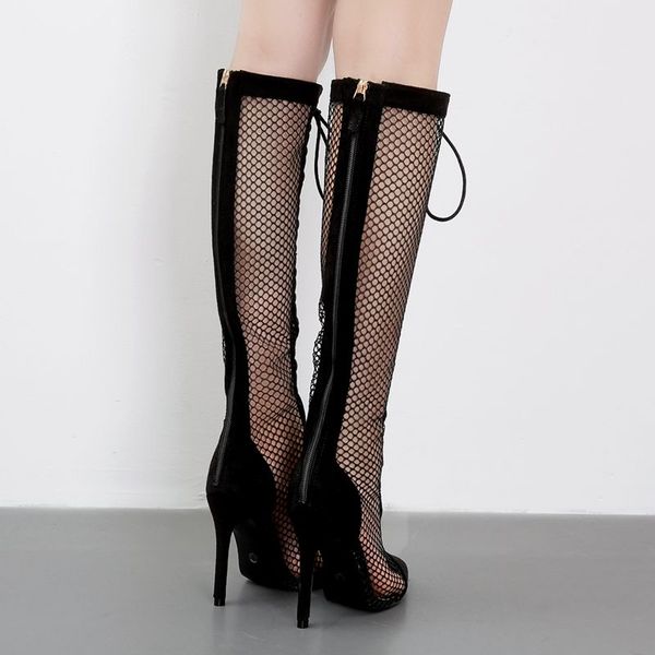 

dijigirls женщина колено высокой boots лето шнуровка остроконечных toe тонкий каблук трубы танец сапоги дышащих сетки ткань высокие сапоги ж, Black