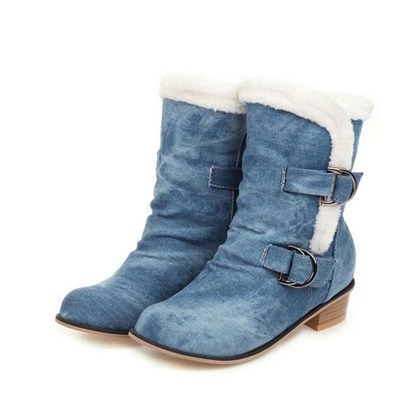 

women round toe denim jeans ankle boots belt buckle warm winter snow shoes thick 3colors plus size 35-46, Black