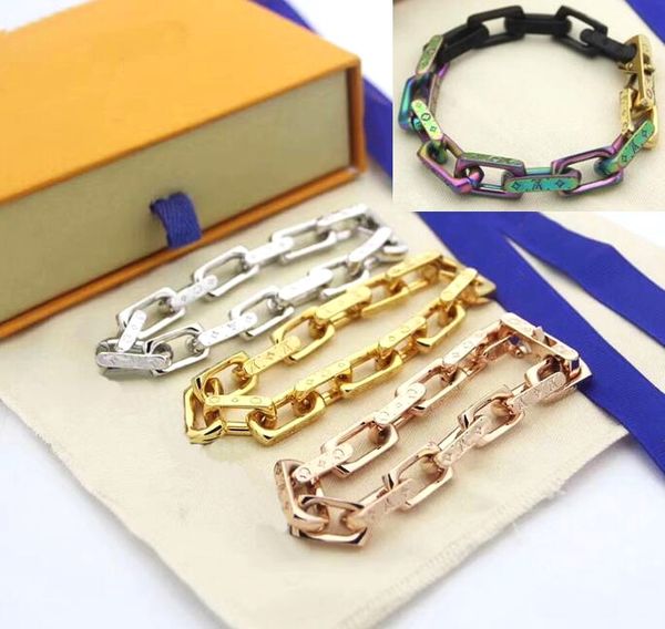 

europe america fashion men titanium steel engraved v initials four leaf flower multicolored 18k gold thick chain bracelets 4 color, Black
