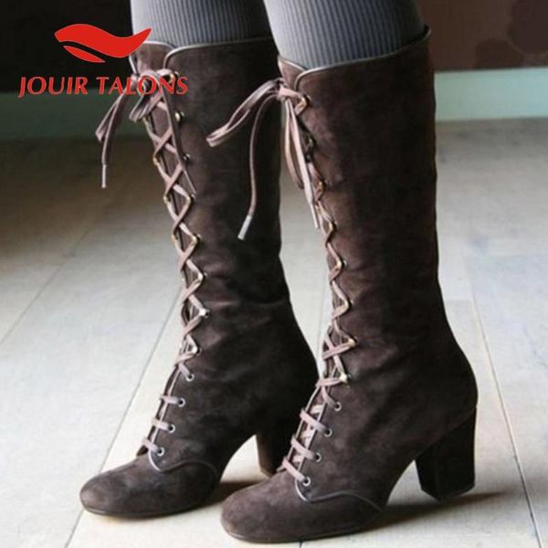 

boots jouir talons classics round toe thick square heesl autumn fashion cross-tied mid-calf flock women shoes, Black