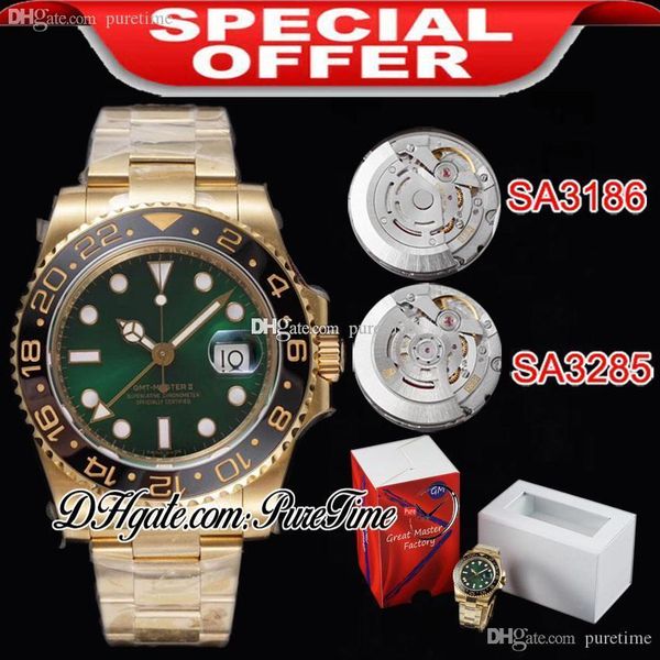 

gmf gmt a3186 a3285 automatic mens watch black ceramic bezel green dial 18k yellow gold stainless steel oyster bracelet new puretime d4, Slivery;brown