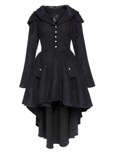 

gothic black women coat hooded long sleeve pocket thick slim mid length lace up bowknot vintage female casual winter overcoat, Tan;black