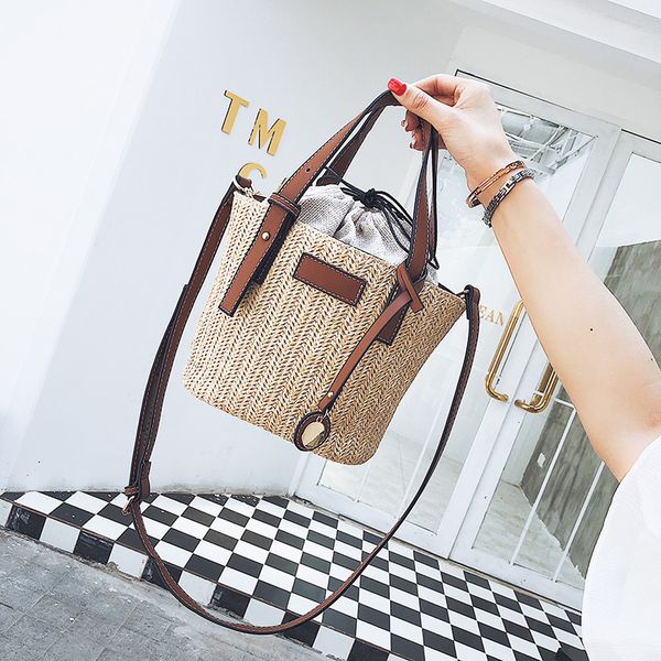 

new summer straw bag casual women knitting bucket bag simple crossbody bags for women shoulder string drawstring