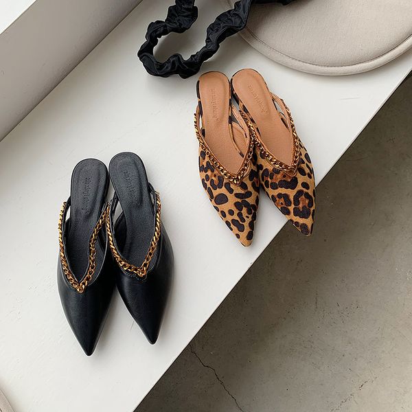 

fashion women mules shoes pointed toe leopard slippers flats summer slides chain design 2020 new arrivals fashion flats shoes, Black