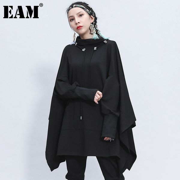 

eam] loose fit black irregular split sweatshirt new turtleneck long sleeve women big size fashion tide spring autumn 2020 1z312
