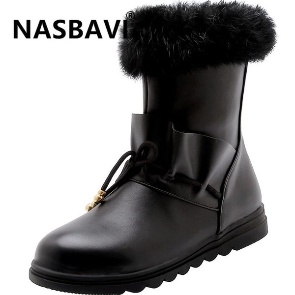 

nasbavi new high popular simple women round head flat low heel snow boots pu warm solid color lacing winter boots size 34-40, Black