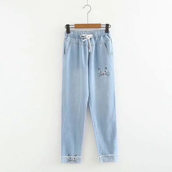 

women's jeans merry pretty women pants cartoon cat embroidery harajuku denim 2021 winter elastic waist straight pockets jean, Blue