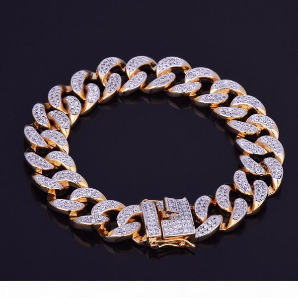 

14mm zircon curb cuban link bracelet mens hip hop jewelry gold thick heavy copper material iced out cz chain 20cm new, Black