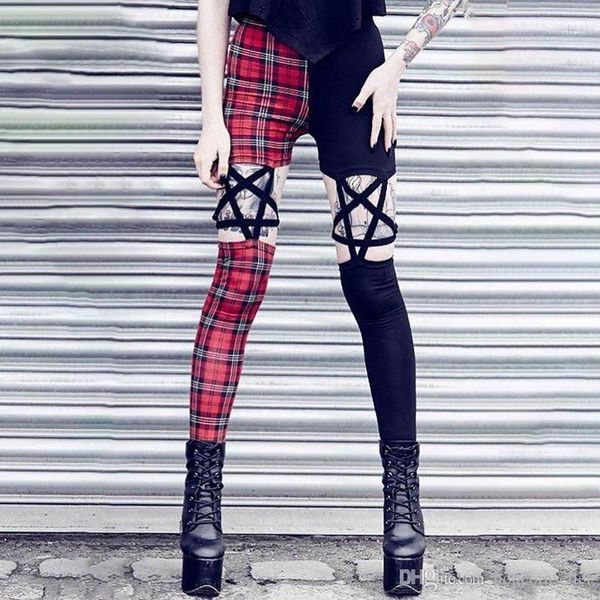 

panelled star plaid printed pants womens pants dark style womens pants fashion hollow out high waist, Black;white