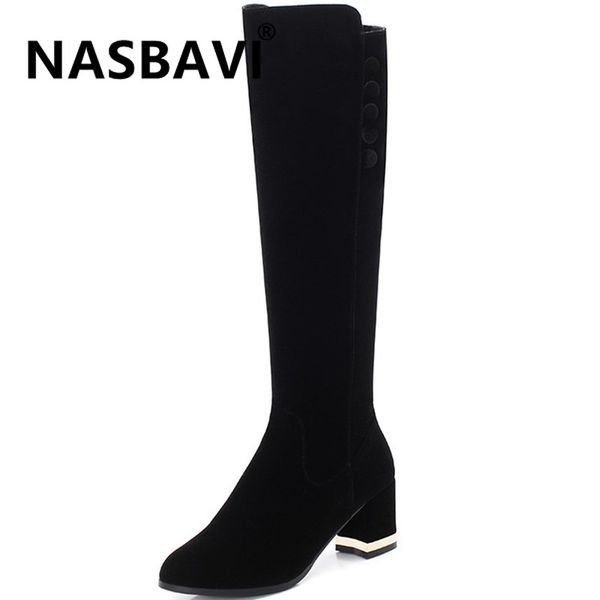 

boots 2021 suede women knee high fashion zipper comfy metal square heel autumn winter long size 34-43, Black