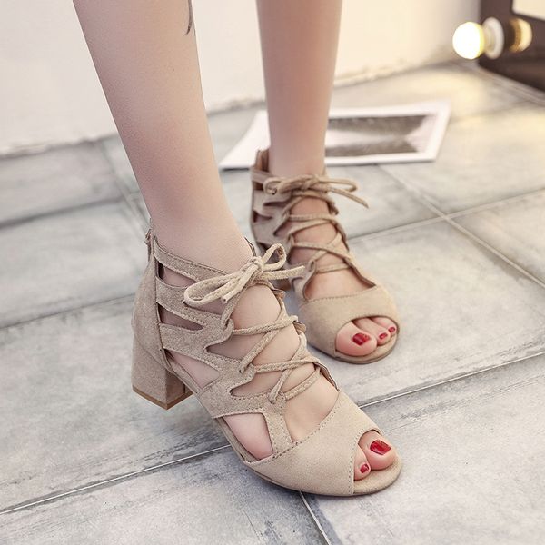

2019 women sandals gladiator suede leather trip around with high heels summer fashion toe shoes woman square heel pulse size 42, Black