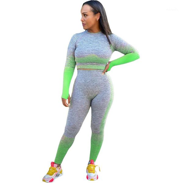

womens tracksuit fashion gradient color slim suits casual long sleeve crop long pants woman 2pcs sets clothing, Gray