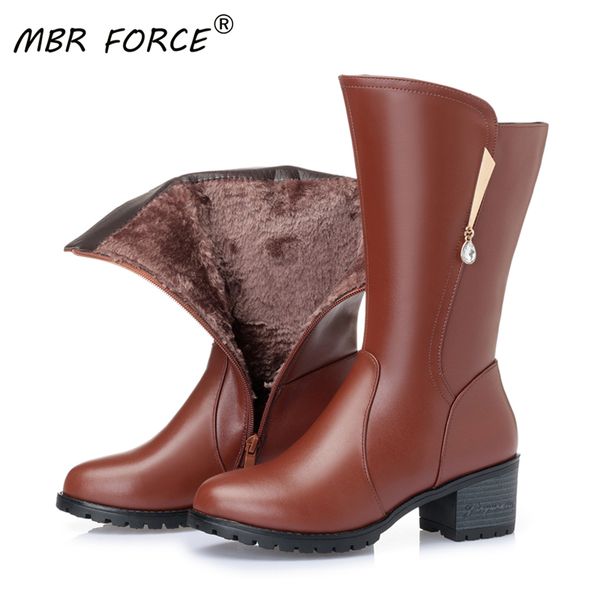 

mbr force wool snow boots women fur warm shoes plush mid calf boots fashion zipper warm platform women winter large size, Black
