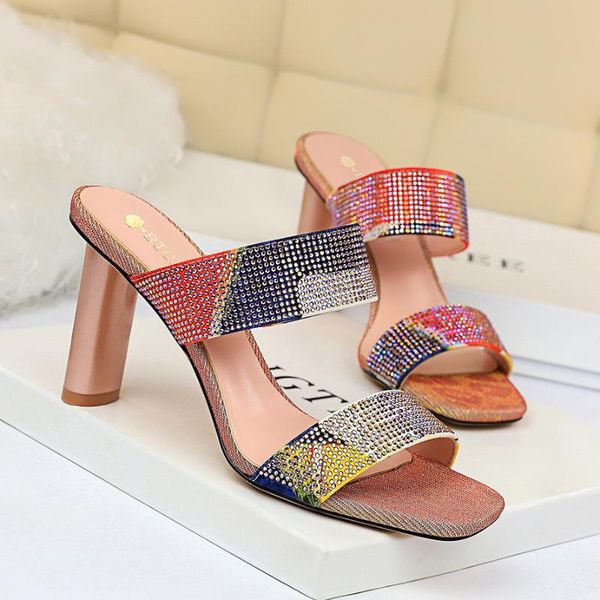 

slippers women's outer wear summer sandals 2020 new fashion ladies high-heeled thick with rhinestone sequins square head sexy, Black