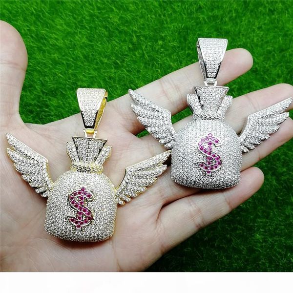

hip hop iced out zircon dollar $ symbol purse wing pendant necklace gold silver bling chains jewelry men
