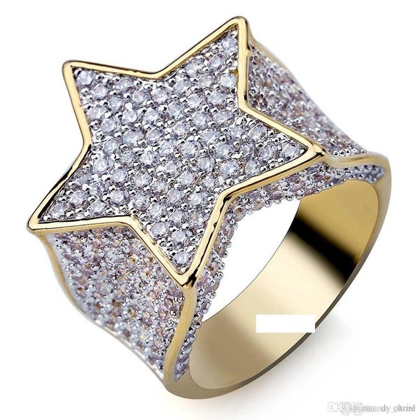

men's fashion copper gold color plated ring exaggerate iced out cz stone star shape ring jewelry gift, Silver