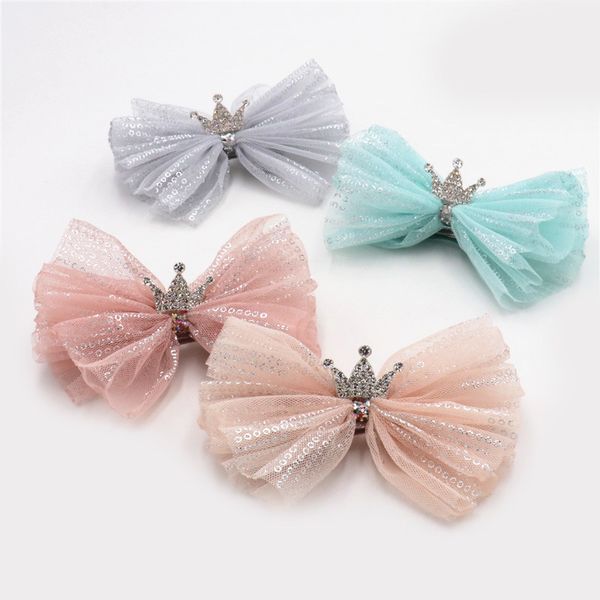 

12pcs ins fashion rhinestone tiaras bow hairpins solid glitter bowknot hair clips princess headwear boutique hair accessories, Slivery;white