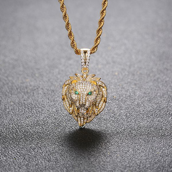 

hip hop prong setting cz stone bling iced out green eye male lion pendant necklace for men rapper jewelry gold silver color