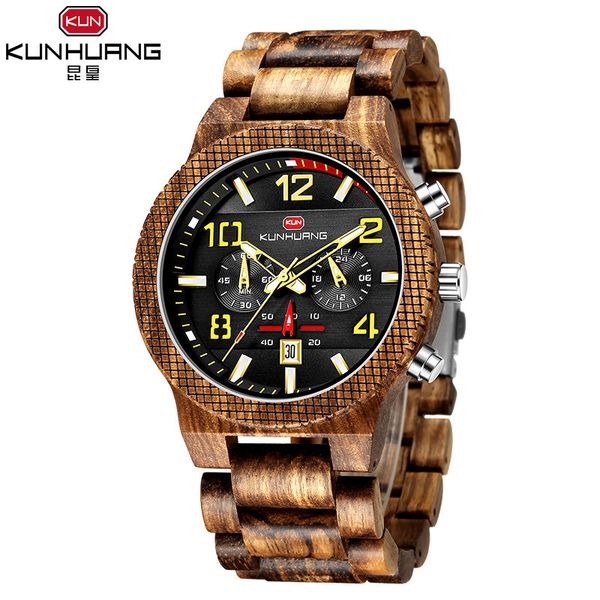 

wooden chronograph calendar quartz men watch fashion wood wrist watches men clock hour time relogio masculino, Slivery;brown
