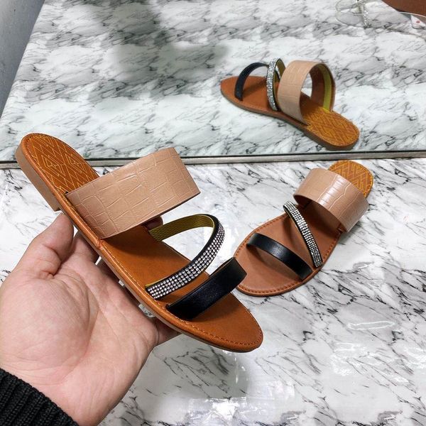 

summer women beach flat slippers open toe rhinestone sandals mixed colors ladies shoes roman slides outdoor flip flops big size, Black