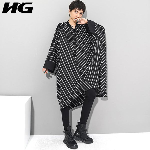 

casual dresses hg striped patchwork dress women 2021 autumn fashion style temperament stand collar batwing sleeve loose zp2901, Black;gray