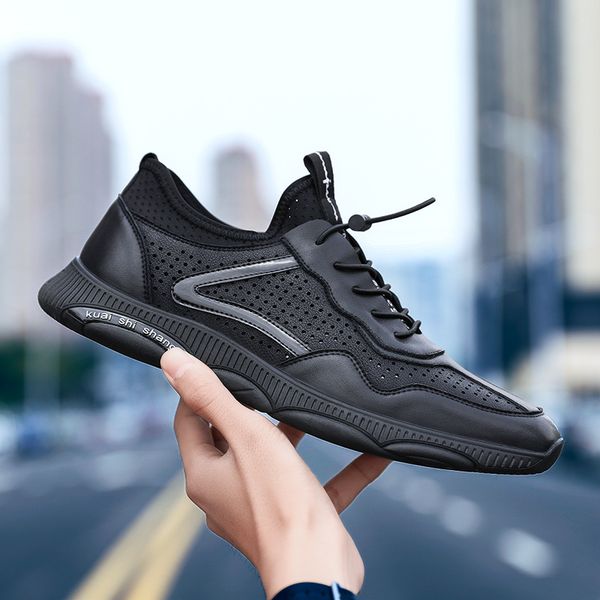 

luxuryfashionleathermensneakersrubbersolequalitymencasualshoessportbreathablemalefootwearlaceupwalkingshoe, Black