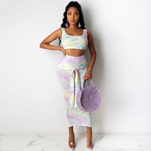

womens two piece dress suits fashion tie-dye camisole lace-up bag hip skirt two-piece suit vest + skirt with 2020 for wholesale, White