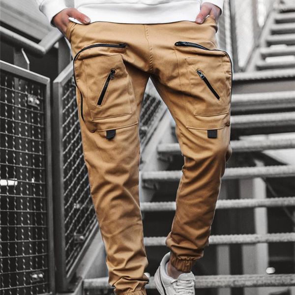 

casual pants men new tactical joggers cargo sweatpants mens sportswear solid pencil pants multi-pocket trousers workout, Black