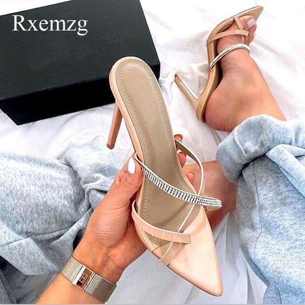 

rxemzg summer shoes woman patent leather slippers crystal bling fashion thin heels sandals party dress shoes pointed toe pumps, Black