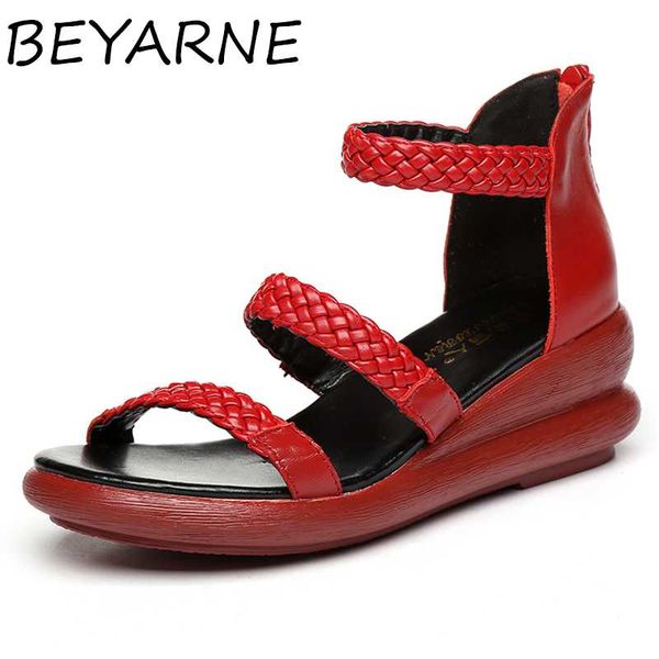 

beyarne women sandals 2020 summer genuine leather gladiator sandals casual shoes fashion wedges shoe handmade woman, Black