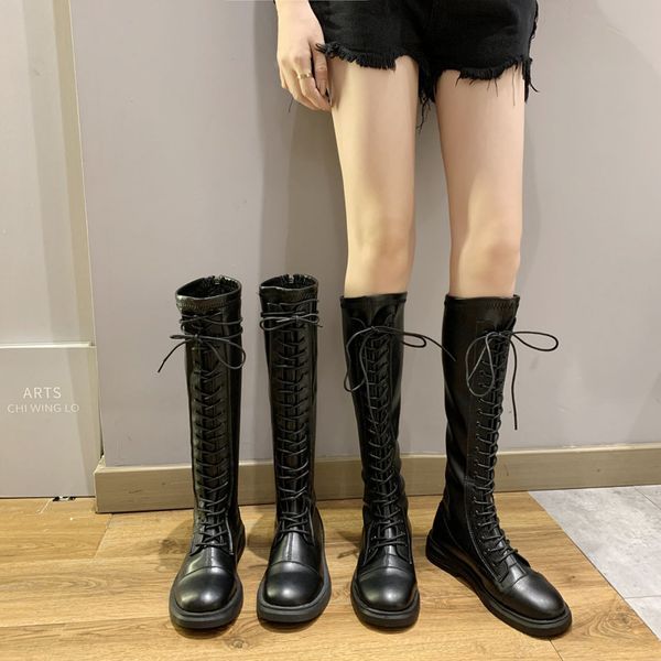 

lace up boots shoes boots-women thigh high heels high booties ladies round toe 2020 over-the-knee autumn rock med, Black