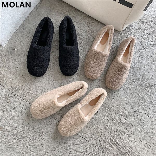 

molan soft warm hair fur flats shoes women 2020 winter brand korean fashion comfy bottom round toe loafers moccasin, Black