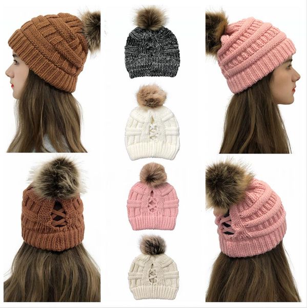 

knitted hat women winter pom pom beanie skullies ponytail cross cap headgear warm wool caps girl knitting bonnet party hats ljjp559, Blue;gray