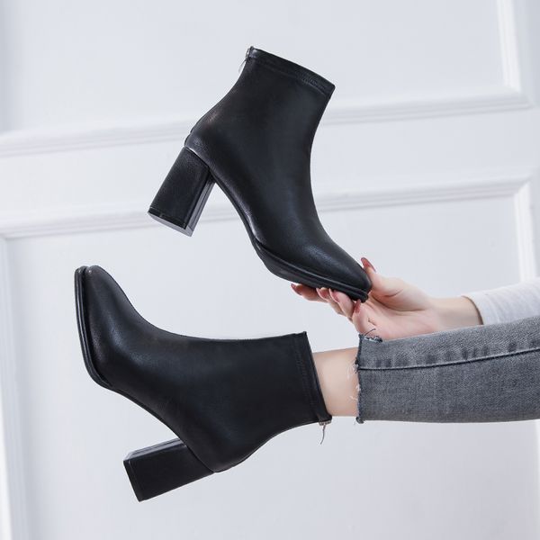 

boots winter woman solid color short booties nice ladies zipper anutum shoes women fashion square high heels ankle, Black