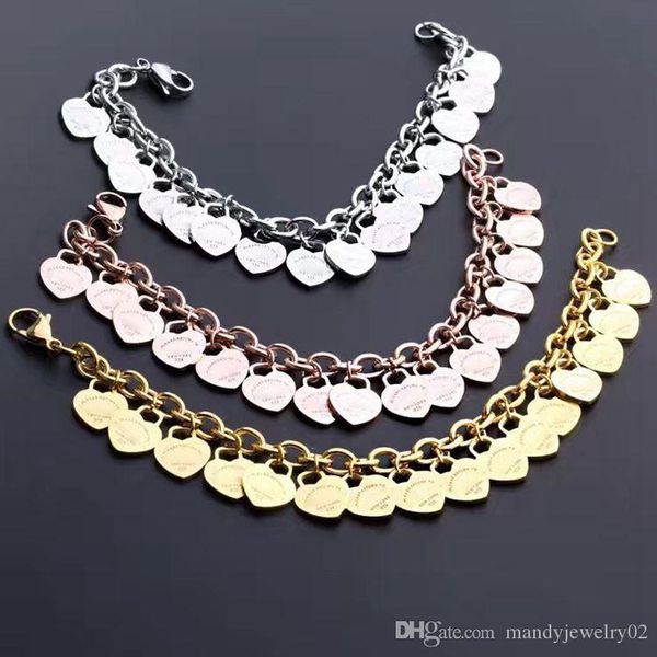 

продвижение сумасшедший титана стали ювелирные изделия t письма 14 персиковых сердца браслет двойной t 18k розовое золото сердца цепи ожерел, Silver