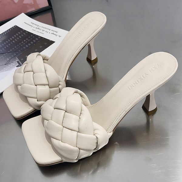 

high heel slippers fashion square toe sandals summer thin heels slides women mules slip on hand-woven pu women slipper, Black
