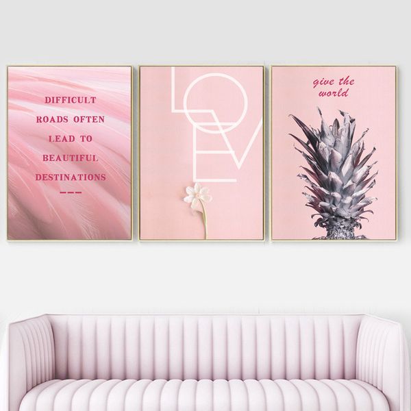 

flower pineapple pink feather quote wall art print canvas painting nordic posters and prints wall pictures for living room decor