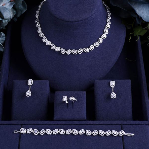 

jankelly nigeria 4pcs bridal zirconia jewelry sets for women party luxury dubai nigeria cz crystal wedding jewelry sets, Silver