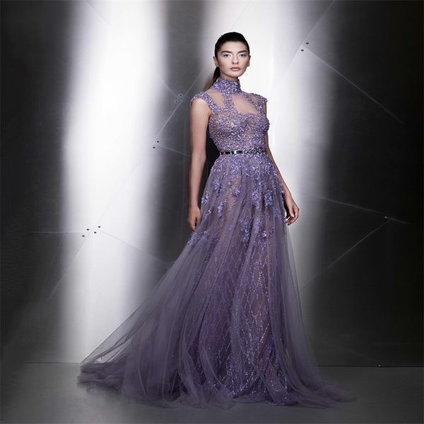 

high-neck ziad nakad evening dresses illusion sleeveless beading appliqued sequin prom dress ruched tulle custom made formal party gown, Black;red