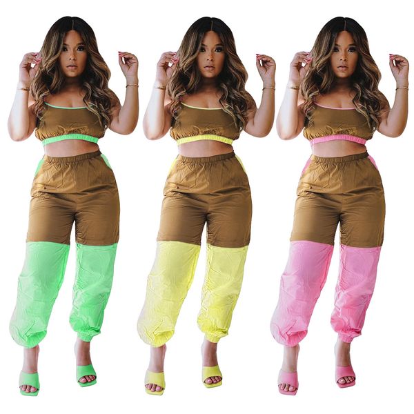 

patchwork cargo pants womens 2pcs summer spaghetti strap contrast color women designer loose two piece pants, White