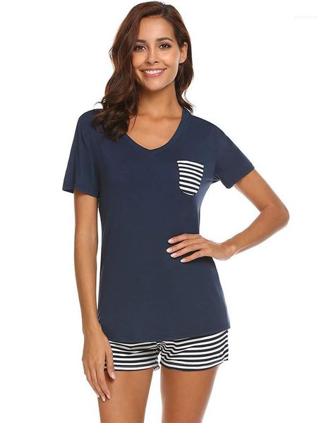 

womens pajama sets women two piece outfits traditional women sleepwear sets v neck striped printed pocket, Black;red