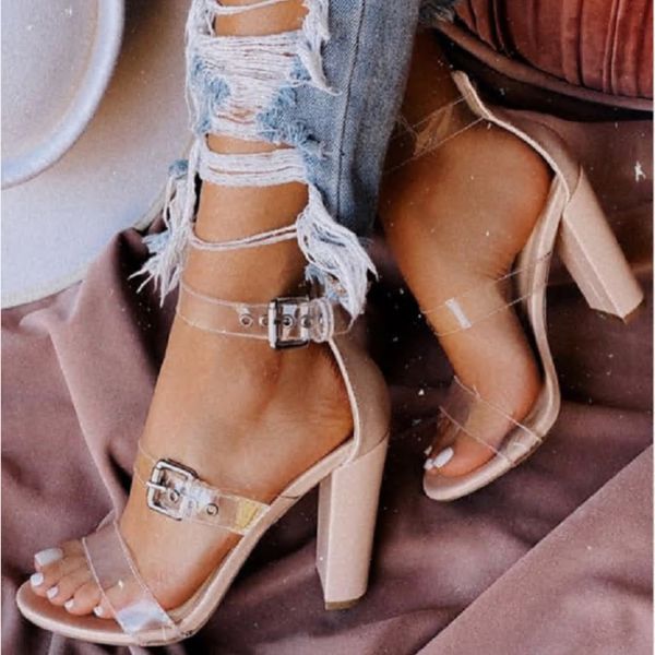 

summer women sandals narrow band vintage 9.5cm thick high heel pvc buckle strap classics fashion dress party wedding women shoes, Black