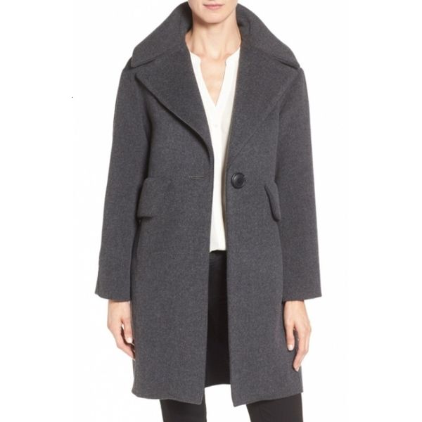 

women's wool & blends fashion 2021 notched lapel long coat style women dark grey single button overcoat fall winter warm casacos femini, Black