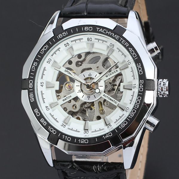 

50pcs/lot winner-d170 skeleton winner date watch leather mechanical watch hollow out men calendar winner, Slivery;brown