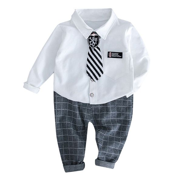 

fashion lovely baby 3pcs toddler kids baby boys gentleman t-shirt plaid pants trousers tie outfits set z0130, White