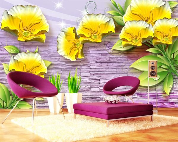 Living 3d tapete 3d flower tapete retro backstein mauer trend gelbe blumen tv hintergrund romantische dekorative seide 3d mural tapete